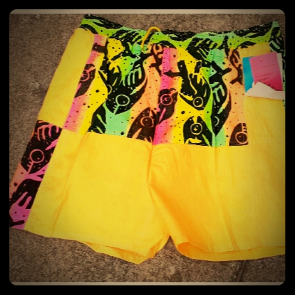 Mens Vintage Neon Colorblock Surf Shorts